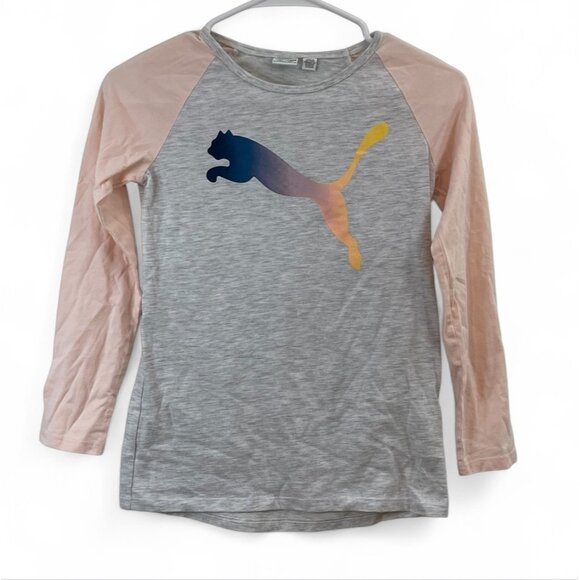PUMA Girls Long Sleeve Shirt With Gradient Logo Size M 10/12 Gray & Pink - Picture 1 of 10